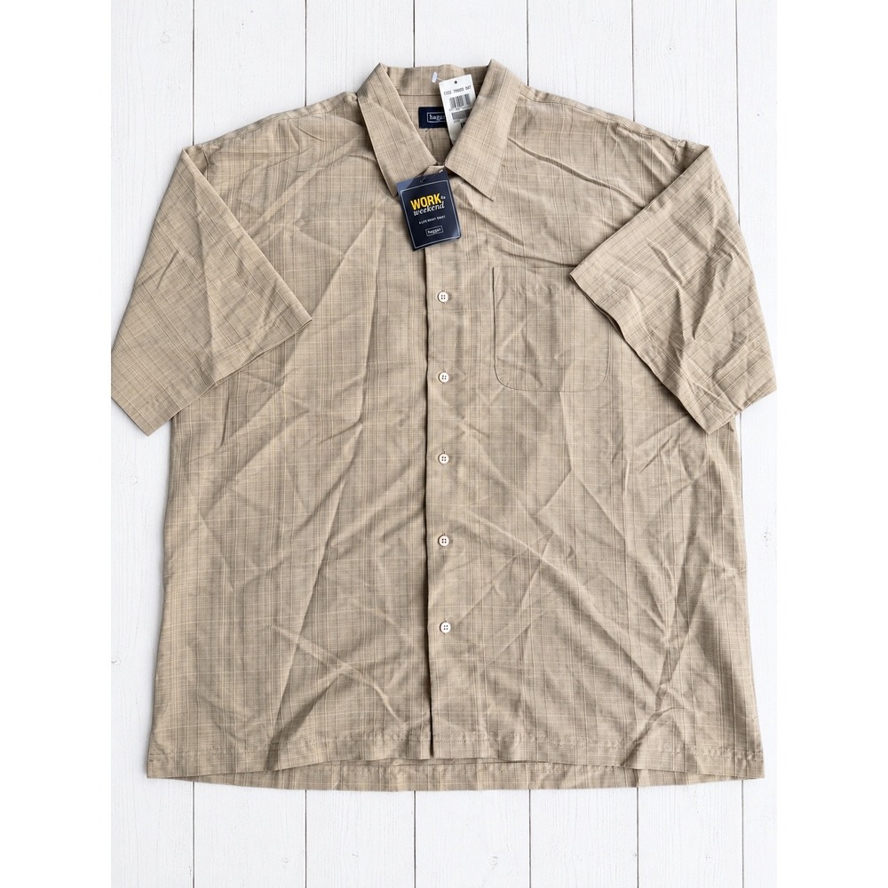 Haggar Button Up Shirt Work to Weekend Khaki Plaid Textured Short Sleeve XL NWT
